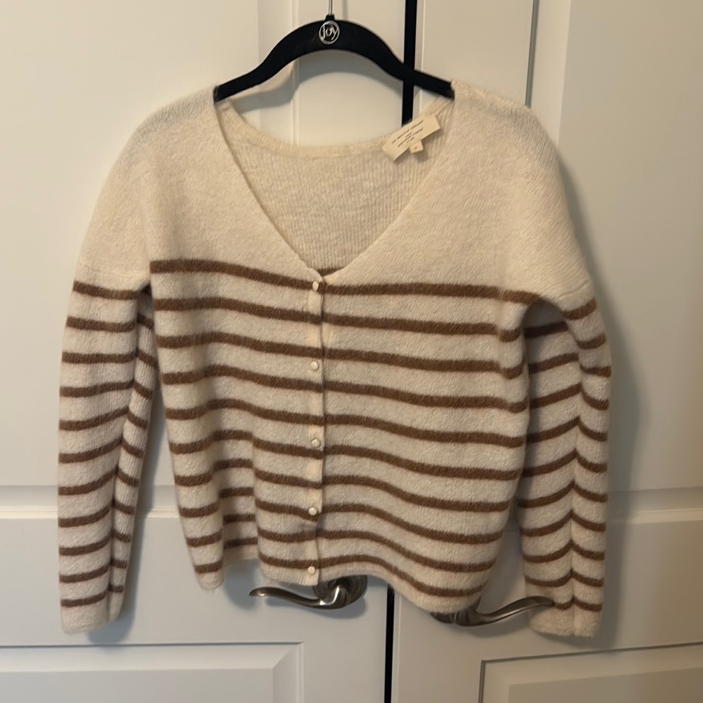 Sezane Cream and Brown Striped Cardigan Sweater